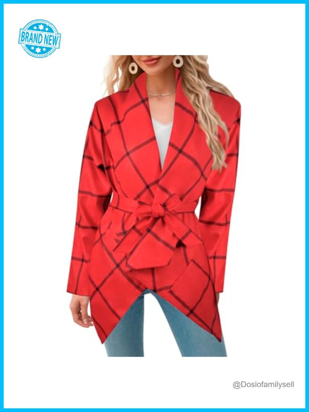 Womens Plaid Trench Coat Shawl Collar Asymmetrical Hem Belted Lined Fall Jacket